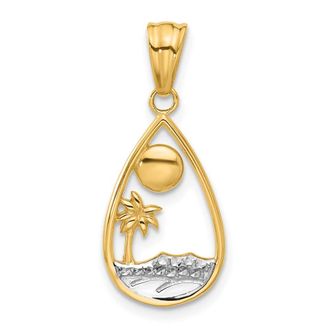 Diamond2Deal 14k Yellow Gold White Rhodium Diamond Cut Ocean Scene Teardrop Pendant