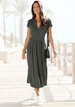 Lascana Midikleid LASCANA, Damen, Gr. 46, N-Gr, gr&uuml;n (dunkelgr&uuml;n), Jersey, Obermaterial: 100% Viskose, unifarben, figurumspielend ca. Mitte Wade, V-Ausschnitt