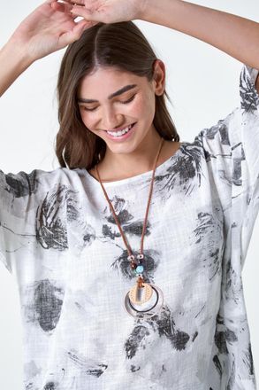 Roman Cotton Sketchy Floral Tunic Top and Necklace