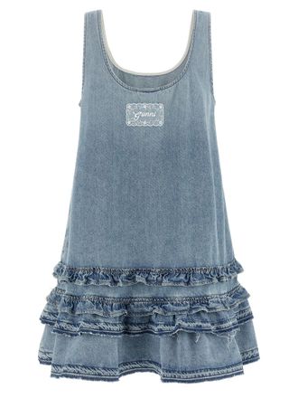 Ganni Organic Cotton Denim with Ruffled Hem Dress - blue
