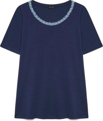 Fiorella Rubino Katoenen T-shirt met Applicatie bij de Halslijn - Dames - T-shirts - Blauw - XL - Katoen - Tops