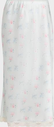 LoveShackFancy Castle Floral Satin Midi Skirt