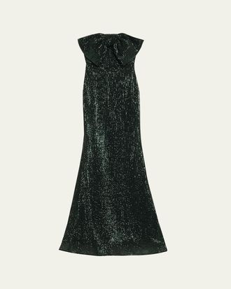 Badgley Mischka Strapless Bow-Front Sequin Gown