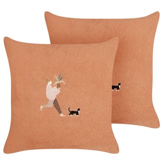 Beliani Conjunto De 2 Cojines Con Bordado 45 X 45 Cm Fundas Extra&iacute;bles Accesorio Para El Hogar Sala De Estar Naranja Marigold
