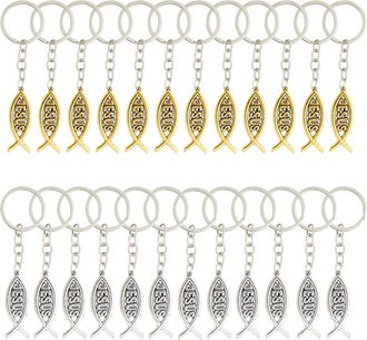 Juvale 24 Pack Metal Jesus Fish Keychains, Christian Religious Gifts for Women and Men, Bulk Key Rings for Easter Party, Family Reunion Favors (Silver and Go