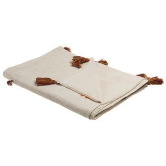 Beliani Manta De Algod&oacute;n Beige Naranja Blanco 130 X 180 Cm Hecho A Mano Llama Khandwa