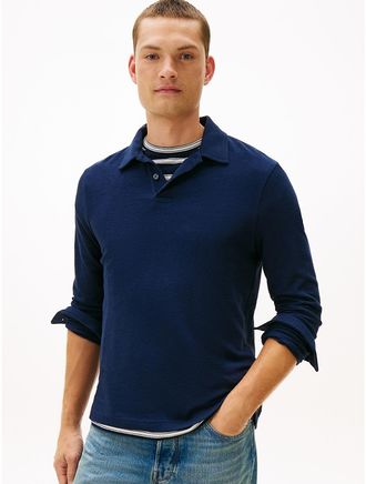 Tommy Hilfiger Mens Regular Fit Long-Sleeve Terry Polo - Navy - L