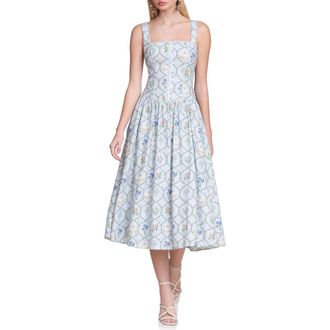 Avec Les Filles Floral Print Linen Blend Midi Dress in Periwinkle Felicity at Nordstrom, Size 12
