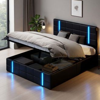 OEM Cama Lit - 140x190 - Cabecera De Pu Negro - Usb Y Led Integrados - Somier De Lamas Incluido
