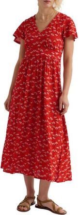 Seasalt Cornwall Chateaux Floral Organic Cotton Midi Dress in Echinacea Stems Tomato at Nordstrom, Size 14