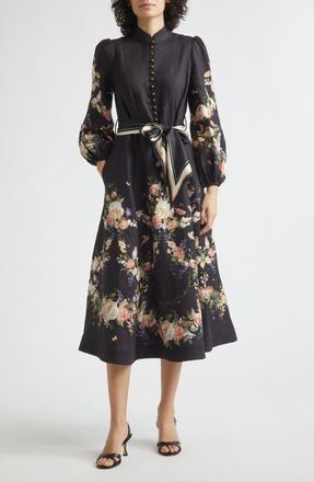 Zimmermann Valiant Floral Long Sleeve Linen Midi Dress in Black Bouquet at Nordstrom, Size 2