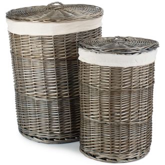 Red Hamper Set of 2 Cotton Lined Wicker Antique Wash Round Laundry Baskets in Grey