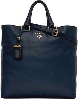 Prada Navy Leather Shoulder Bag Tote Bag (Pre-Owned)