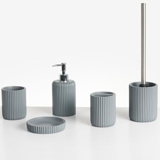 Beliani Beliani - Conjunto De 5 Accesorios De Ba&ntilde;o Jabonera Dispensador De Jab&oacute;n Escobilla De Inodoro Vaso Soporte Para Cepillos De Dientes Gris Camana