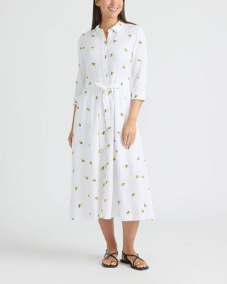 Ellen Tracy Womens Linen Belted Shirt Dress with Embroidery Detail