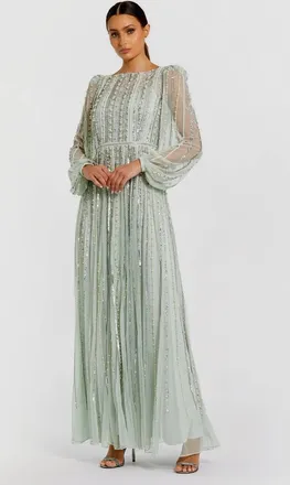 Mac Duggal Boat Neck Long Sleeve Beaded Dress In Mint