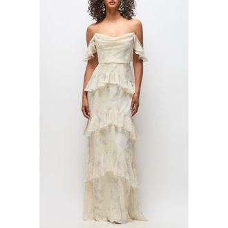 The Dessy Group Olivia Tiered Ruffle Chiffon Gown in Butter Yellow Floral at Nordstrom, Size 12