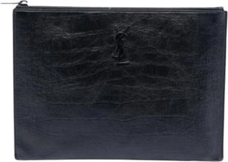 Saint Laurent Pre-owned Croc Embossed Clutch - Dames - Vintage Clutch - Zwart - ONE Size - Leer - Vintage