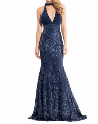 Rachel Allan Halter Neck Embellished Mermaid Gown In Navy