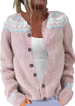 Generic Cardigans for Women UK Vintage Fair Isle Sweaters Lightweight Open Front Cardigan Casual Long Sleeve Button Down Sweaters Ladies Loose Comfy Coat Autu