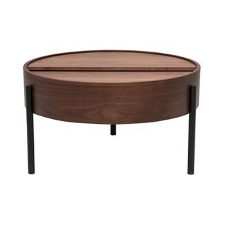 Miliboo Mesa Auxiliar Redonda De Madera Oscura Nogal Y Metal Negro Con Plato Giratorio Y Almacenamiento D80 Cm Yoline