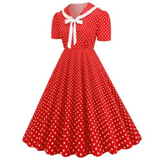 Generic 50s Dress Women 1950s Vintage Retro Rockabilly Dress Lapel V-Neck Slim A-line 50s 60s Pinup Audrey Hepburn Style Polka Dot Swing Dresses Summer Casual