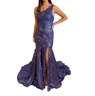 Sherri Hill One Shoulder Sequin Fitted Gown In Periwinkle