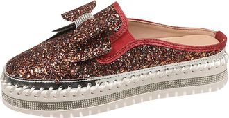 Generic Red Casual Half-Slip Rhinestone Bow Slip-On Shoes for Women Round Toe Thick Sole Comfortable