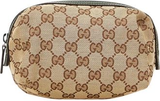 Gucci Gg Canvas Beige Green Canvas Leather Pouch (Pre-Owned)