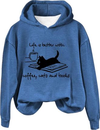 Generic Todays offers Special Deals Prime Deals Women Hoodies Coffee Cat And Book Print Sweatshirts Hooded Solid Solor Loose Fit Blouse Tops 2024 Fall Warm Th