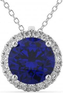 Allurez Halo Lab Blue Sapphire & Diamond Pendant Necklace 14k White Gold (2.59ct)
