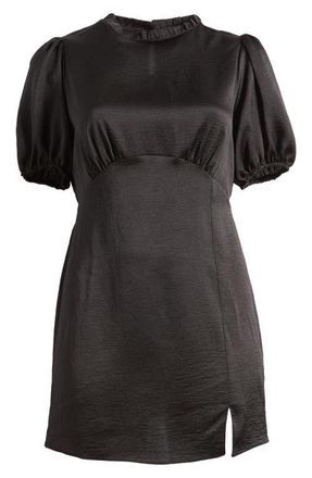 Asos Curve Ruffle Neck Puff Sleeve Satin A-Line Dress in Black at Nordstrom, Size 28