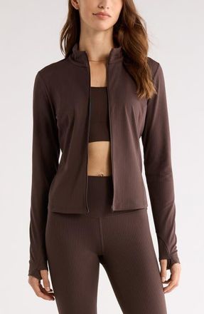 Zella Thrive Rib Knit Zip Front Sweatshirt in Brown Mole at Nordstrom, Size X-Small