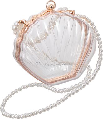 Vosarea Elegant Shell Shape Acrylic Crossbody Bag with Man-made Pearl Shoulder Strap for Women Transparent Evening Purse with Secure Closure Compact Storage f