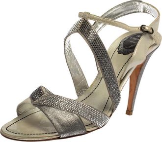 Rene Caovilla Ren&eacute; Caovilla Silver/grey Embellished Satin And Glitter Nubuck Leather Ankle Strap Sandals