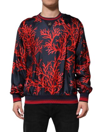 Dolce & Gabbana Navy Red Silk Coral Print Pullover Mens Sweater