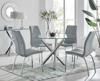 Furniturebox Selina Round Glass Chrome Leg Dining Table & Isco Chairs in Grey | Size: 4 Person