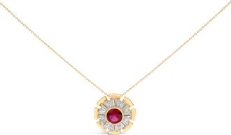 House of Brilliance 14K Yellow Gold Plated Silver Created Red Ruby and Diamond Baguette Medallion Pendant Necklace