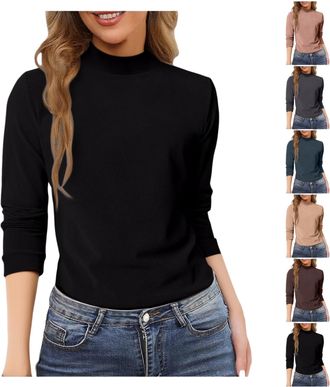 Generic Womens Long Sleeve Tops, Thermal Base Layer Stretchy Slim Fit Warm Undershirt, Plain Solid Colour Soft Top for Autumn and Winter Layering, Jumpers for