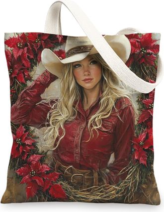 Generic Christmas Western Cowgirl Canvas Tote Bag for Shopping 13x15, Vintage Cool Southwest Xmas Reusable Grocery Print Bag for Women Men, Holiday New Year A