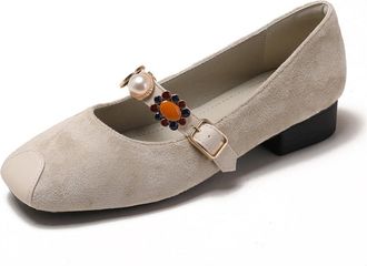Generic Womens Retro Velvet Square Toe Mary Jane Pumps Comfort Block Heel Pearl Starp Buckle Casual Party Dress Shoes (Apricot,7.5)