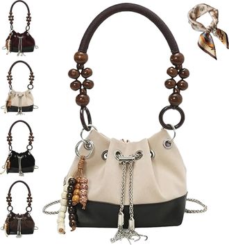 Generic Suede Beaded Drawstring Bucket Bag, Charm Retro Shoulder Bag with Chain, Trendy Versatile Lightweight Handbag (White)