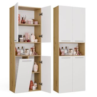 Topeshop Nel 1k Dk - Mueble De Ba&ntilde;o - 5 Estantes, Cesto De La Ropa - 60x174x30 Cm - Roble Artisan Blanco