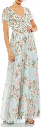 Mac Duggal Embellished Floral Gown with Mesh Flutter Sleeves, Beaded Waist & Pleated Bodice in Blue Multi at Nordstrom, Size 4