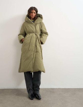 Topshop giacca piumino lunga con cappuccio color salvia-Verde