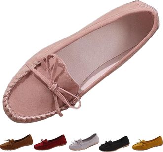 Generic Womens Faux Suede Orthopedic Flat Shoes with Bow, Outdoor Slip on Driving Moccasins, Business Casual Penny Loafers (Pink,4.5)