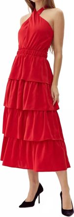 Adelyn Rae Eleanor Halter Tiered Midi Dress In Crimson Red