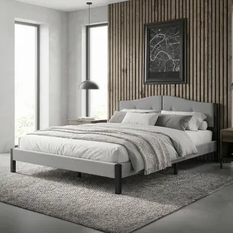 ML Design Ml-design Cama Tapizada Doble 160x200 Cm Estructura Con Cabecero Y Somier Robusto De L&aacute;minas Con Armaz&oacute;n De Acero Y Tejido De Lino Gris, Base Para Dor
