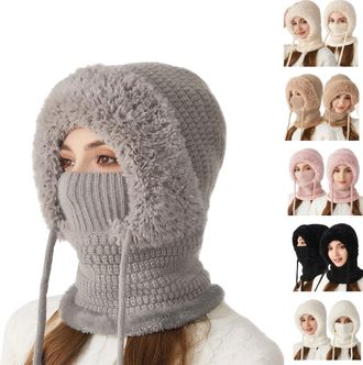 Generic 3 in 1 Beanie Hat with Scarf and Mask,Balaclava,3 in 1 Beanie Hat for Women Warm Winter Hat Fluffy for Outdoor Skiing Hiking (Gray)