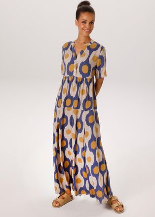 Aniston Sommerkleid ANISTON CASUAL, Damen, Gr. 36, N-Gr, taupe, blau, hellbraun, Web, Obermaterial: 100% Viskose, bedruckt, gemustert, l&auml;ssig geschnitten kn&ouml;c